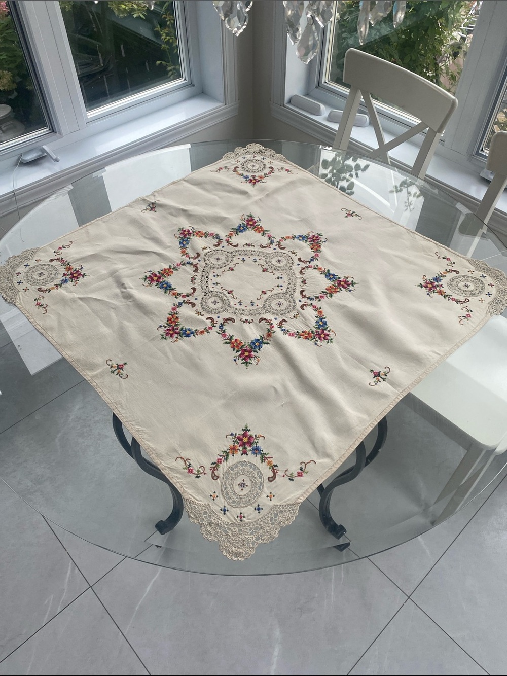 Hand designed Square Cream floral Embroidered Lace Linen Tablecloth 32.5” x 31.5